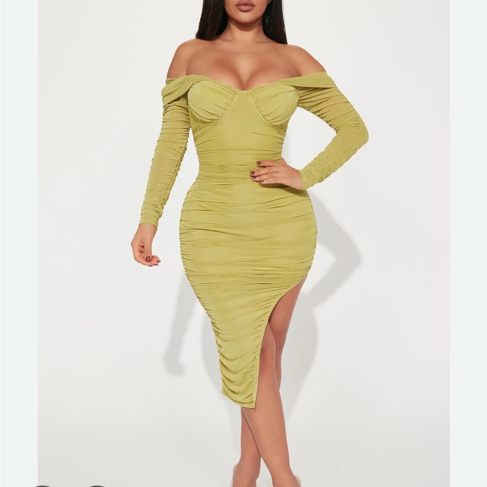 Fashion Nova High Low Off-Shoulder Dress in Olive